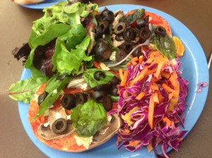 Pizza bagels and salad for lunch